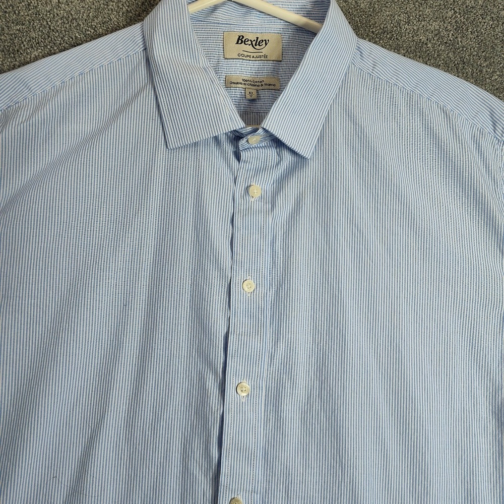 Bexley Mens Polo Long Sleeve Stripe Cotton Size 43/17 Light Blue Casual Business